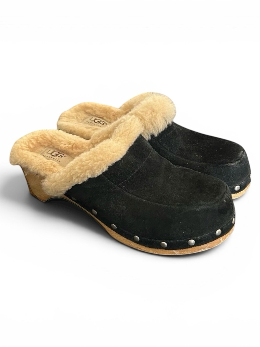 UGG Australia Women's Kalie Brown Suede Shearling Wooden Clogs Mules Shoes Sz 6